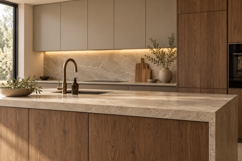warm greige and walnut kitchen