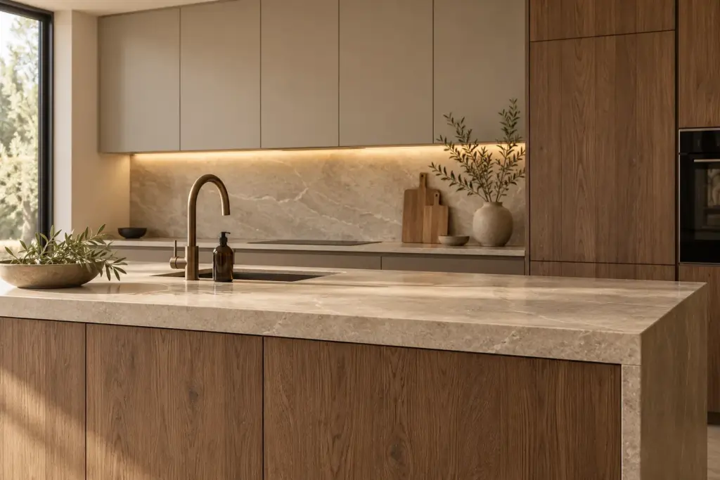 warm greige and walnut kitchen